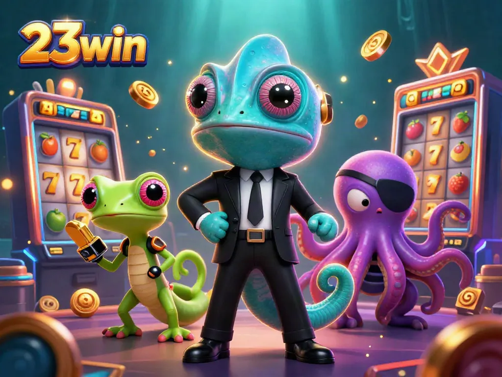 Engage with 23win's vibrant slots and jackpots, showcased by dynamic characters and stunning visuals.