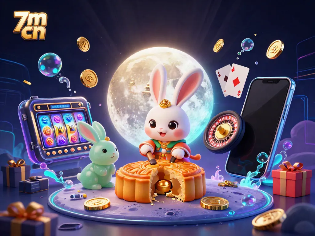 Engage with 7m cn's dynamic scenes featuring a moon rabbit revealing poker chips amidst vibrant casino elements.