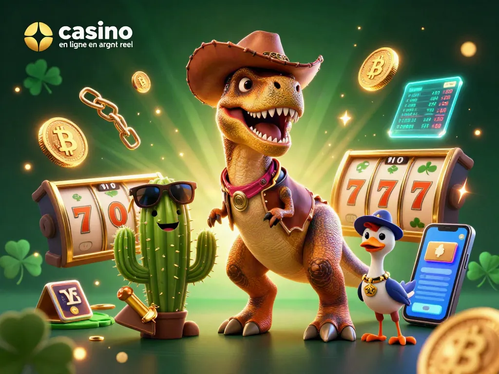 Jouez à casino en ligne en argent réel avec un T-Rex cowboy et des éléments de machines à sous.