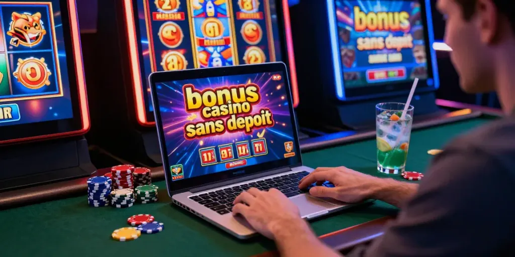 Joueur profitant d'un bonus casino sans dépôt dans un environnement de jeu coloré.