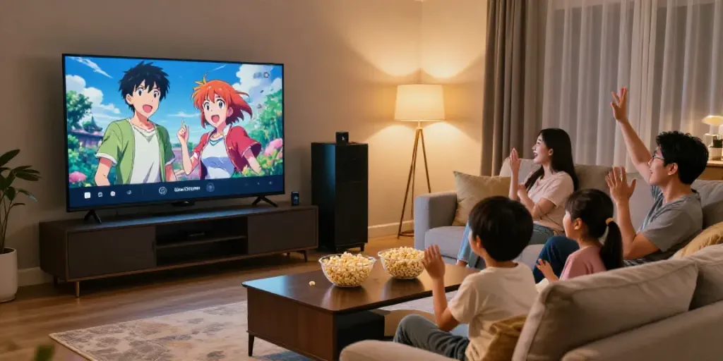 Famille profitant de Senpai Stream pour une soirée cinéma à domicile.