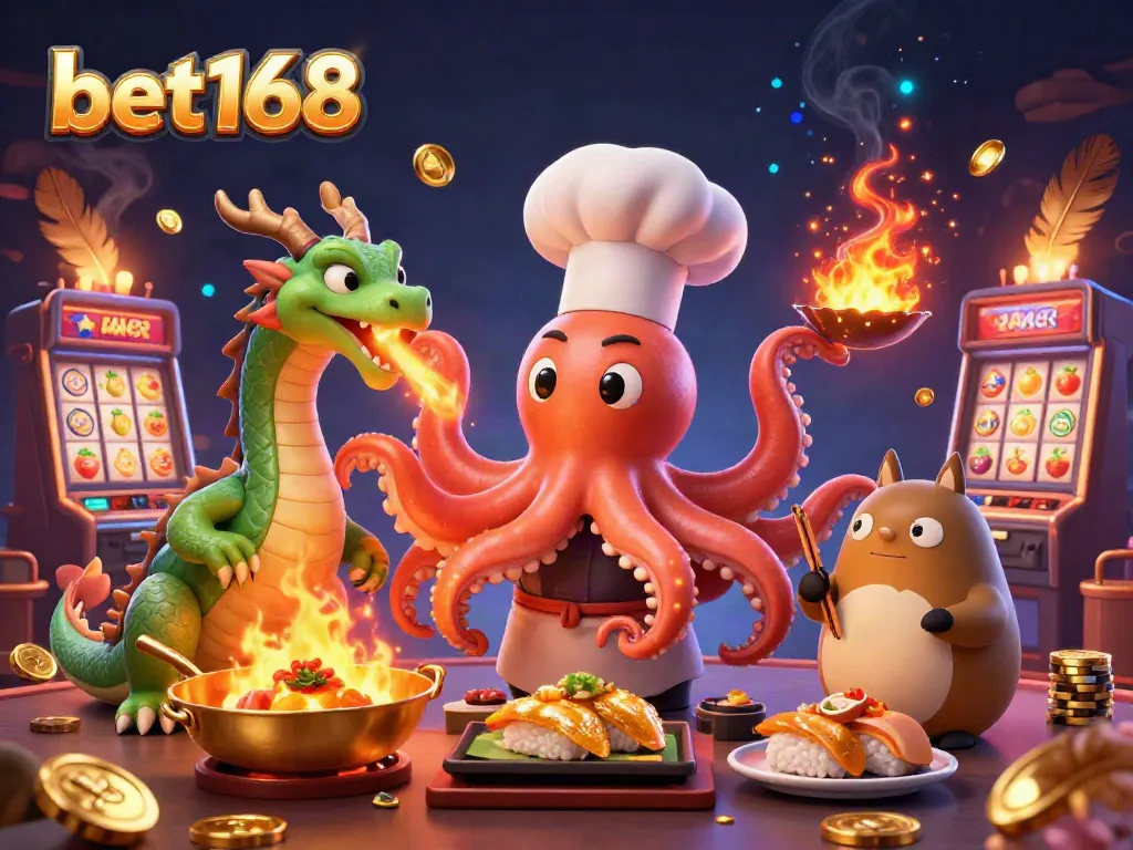 Experience the thrill at bet168 with vibrant casino elements and adventurous characters preparing golden dishes.
