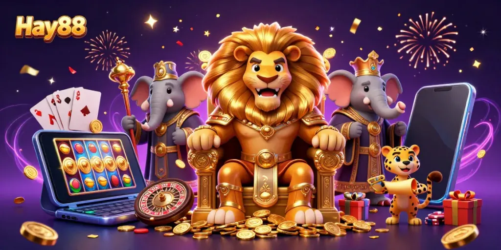 Experience Hay88's vibrant world of thrilling games, featuring a lion king, elephant advisor, and a cheetah messenger.