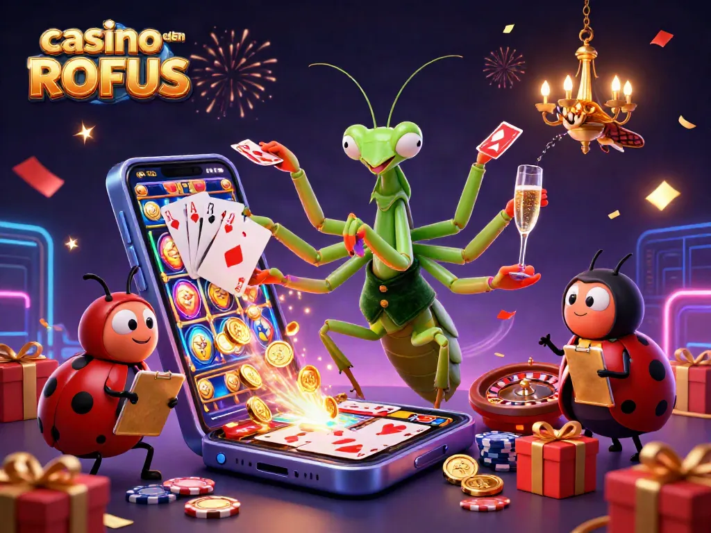Experience casino uden ROFUS with whimsical characters and rich gaming elements in a vibrant 3D illustration.