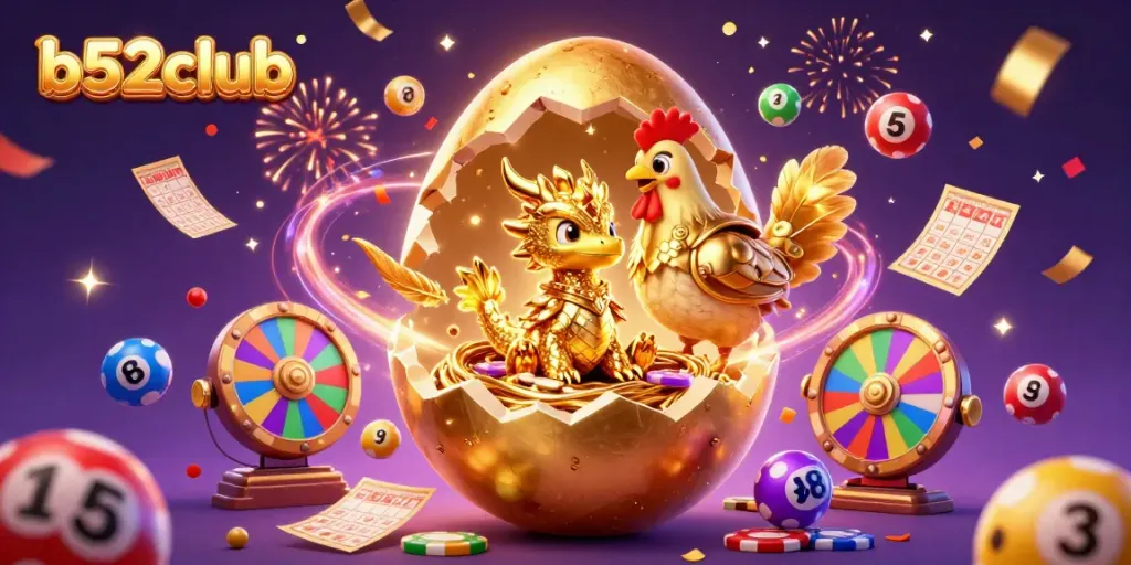 Experience thrilling wins with b52club as the golden dragon guards poker chips in a vibrant casino scene.