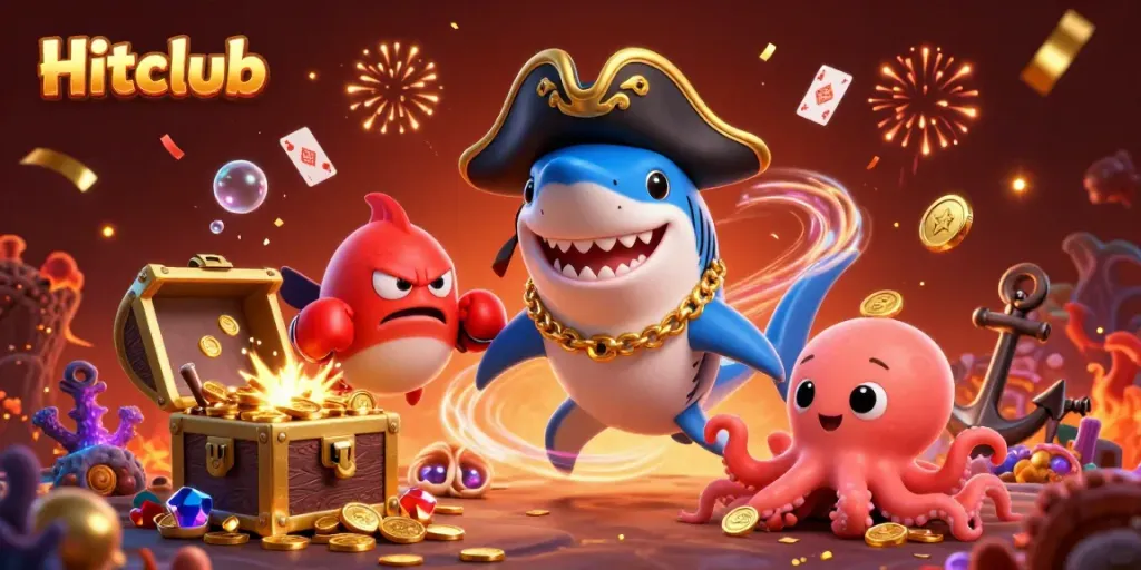 Hitclub's pirate shark and friends celebrate with gold coins and games in a vibrant underwater scene.