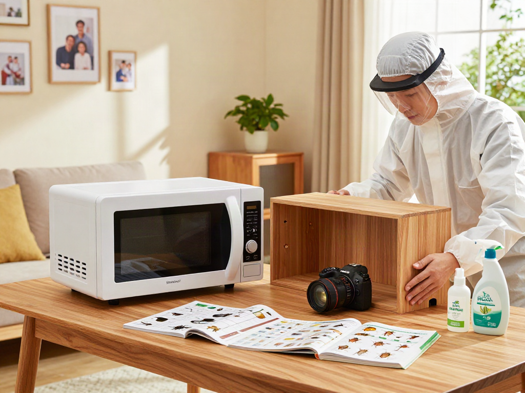 Traitement Shashel® pour les insectes à bois dans un salon moderne, personnel en équipement de protection.