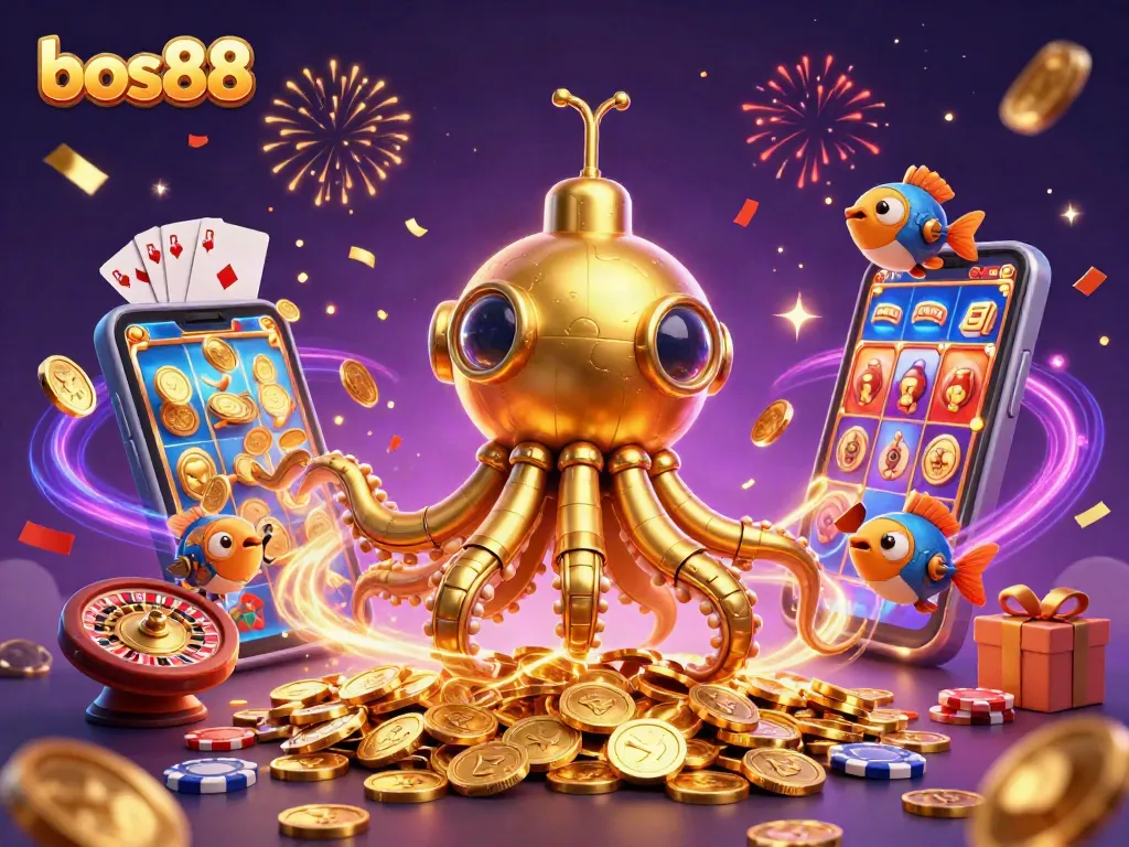 Engage with bos88's immersive gaming adventure featuring a golden kraken submarine amidst vibrant casino elements.