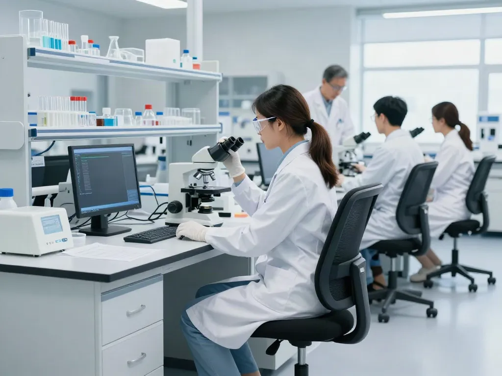 Chaise de laboratoire ergonomique réglable en hauteur utilisée par une scientifique dans un laboratoire moderne.