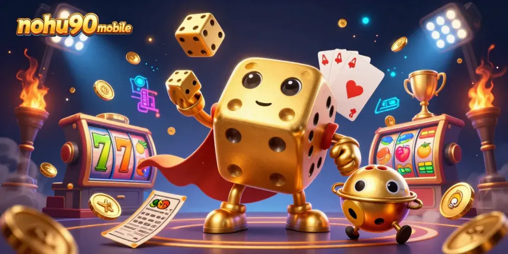 Nohu90mobile showcases vibrant 3D casino elements with a golden dice golem and slot machines.