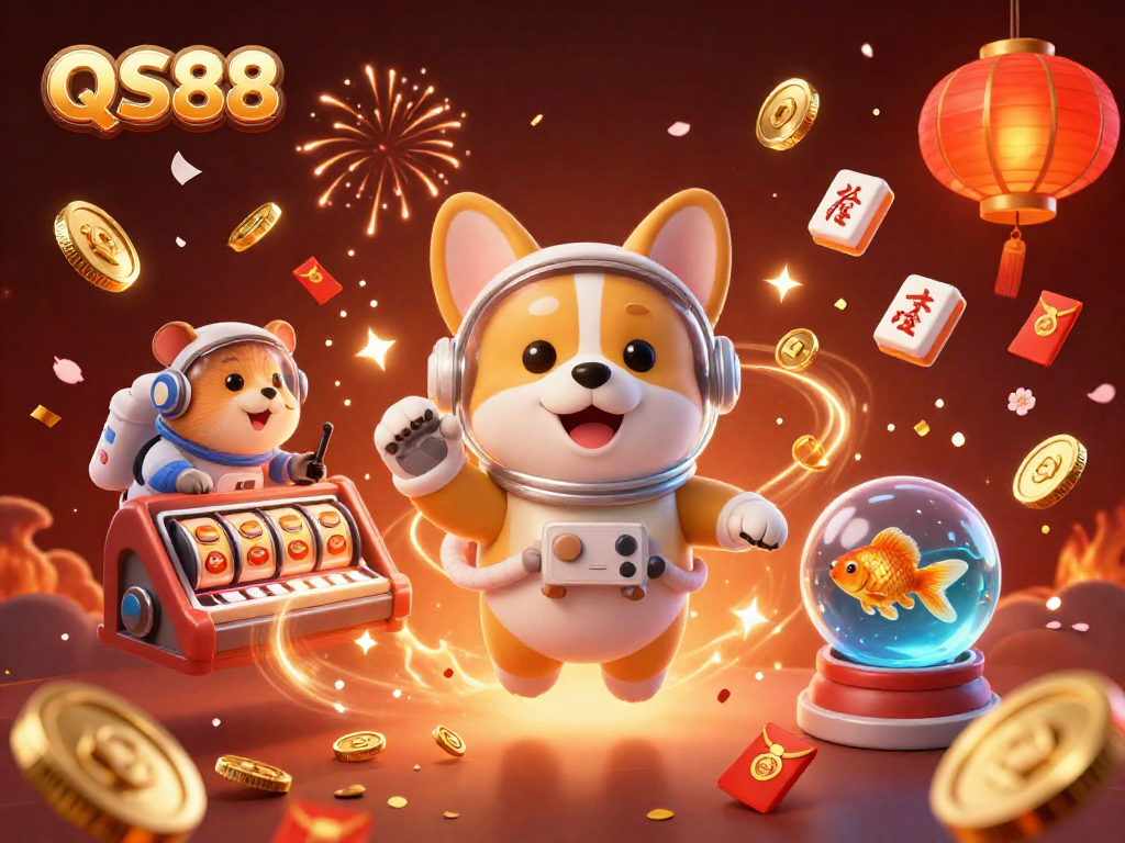 Experience thrilling gameplay at QS88 casino with vibrant 3D characters and festive elements floating