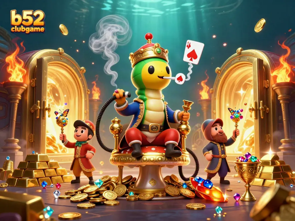 Engage in thrilling games at b52clubgame with our vibrant casino illustration showcasing winning poker hands and treasures.