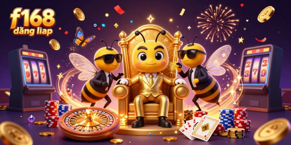 Experience the excitement of f168 đăng nhập with a lively 3D illustration of a cartoon mob boss and sparkling casino elements.