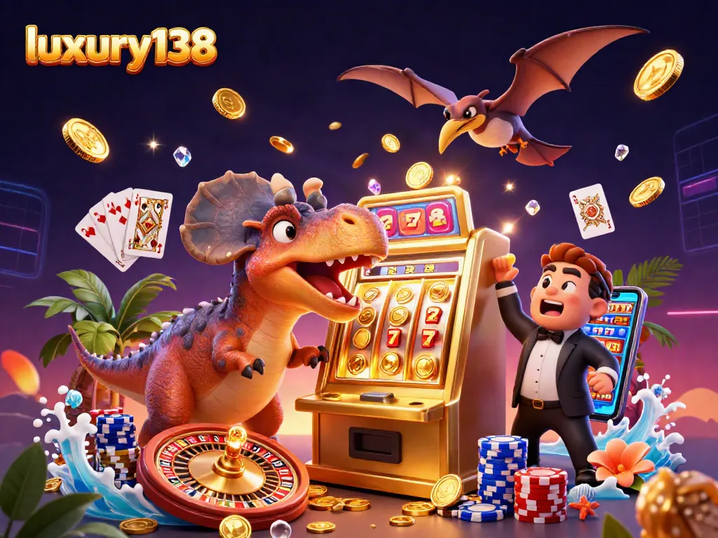Experience the excitement of luxury138 as a pachycephalosaurus hits a golden slot machine for a jackpot!