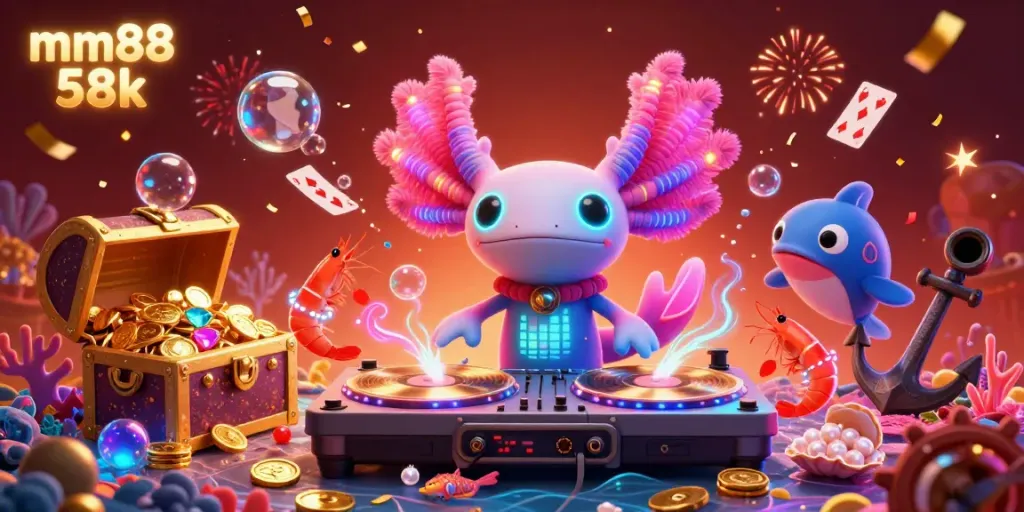 Experience the thrill with mm88 58k in a vibrant underwater casino scene filled with energy and excitement.