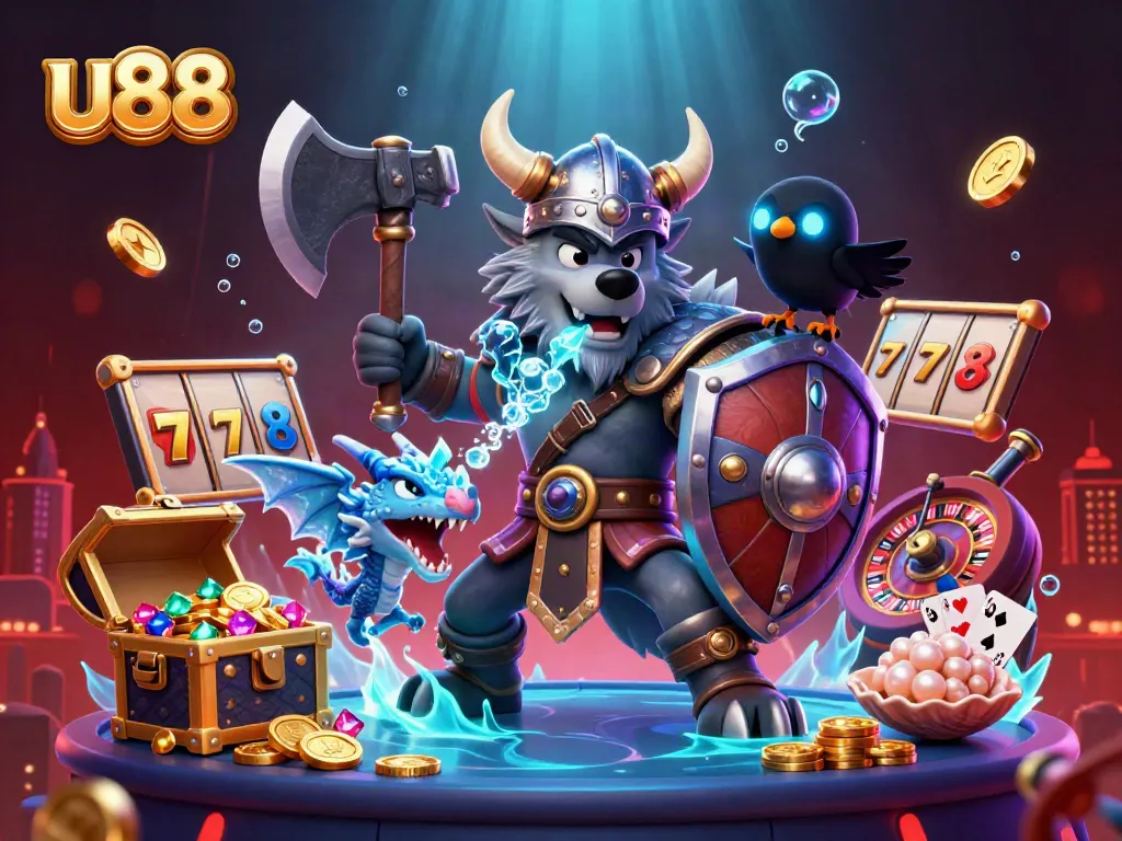 Experience thrilling gameplay in u88 with a heroic Viking warrior, dragon, and unique casino treasures.