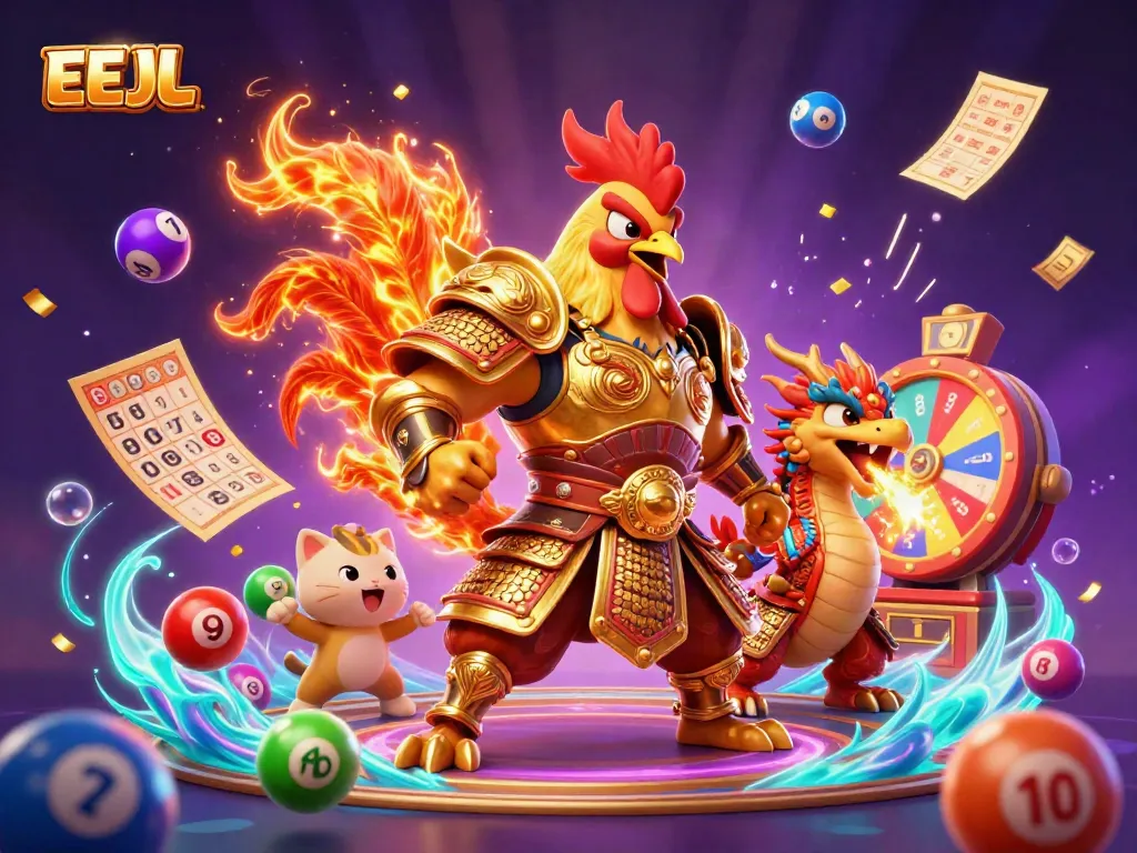 Experience thrilling gameplay at EEJL with dynamic characters and exciting elements in this vibrant illustration.