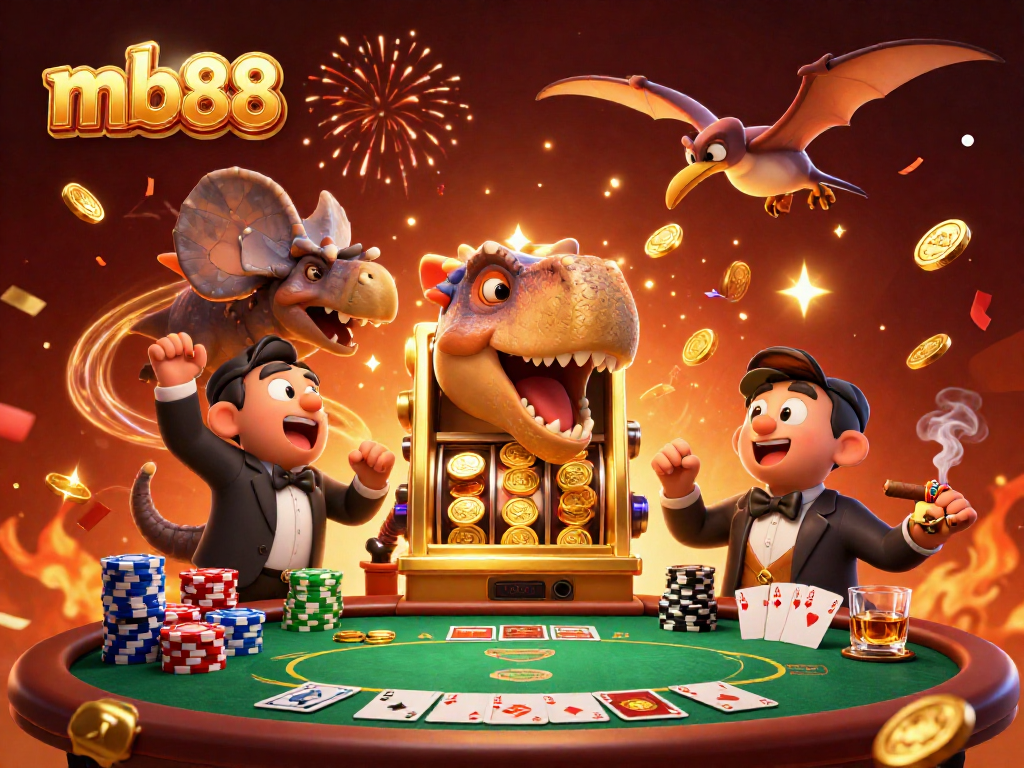 mb88 brings excitement as cartoon dinosaurs enjoy slot machine jackpots amidst a bustling casino atmosphere.