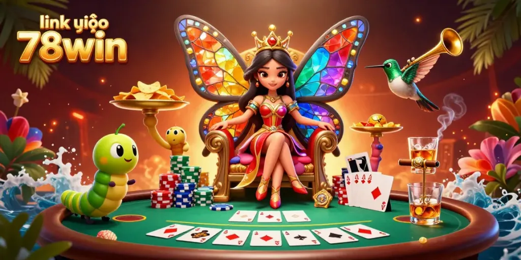 Experience excitement with link vào 78win in a vibrant 3D casino scene filled with cards and chips.