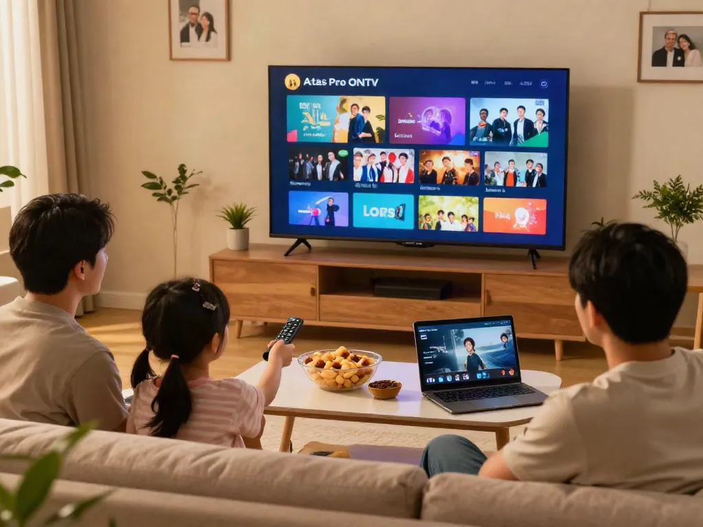 Téléchargement de l'application atlas pro sur TV intelligente dans un salon moderne.