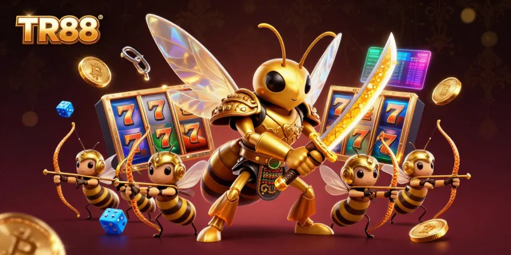 Engage with TR88's vibrant online casino experience featuring a samurai hornet and bee archers in a dynamic scene