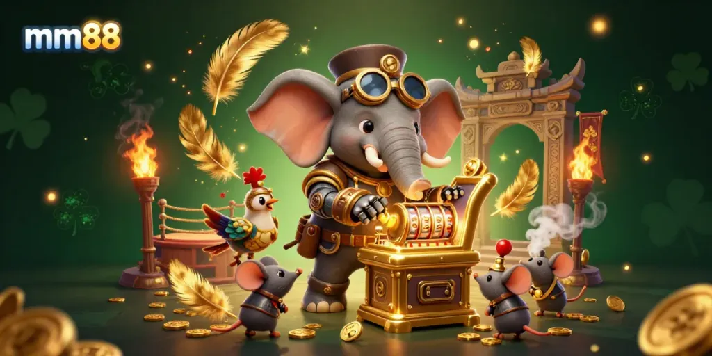 Experience the excitement of mm88 with a steampunk-themed slot machine scene, showcasing vibrant casino elements.