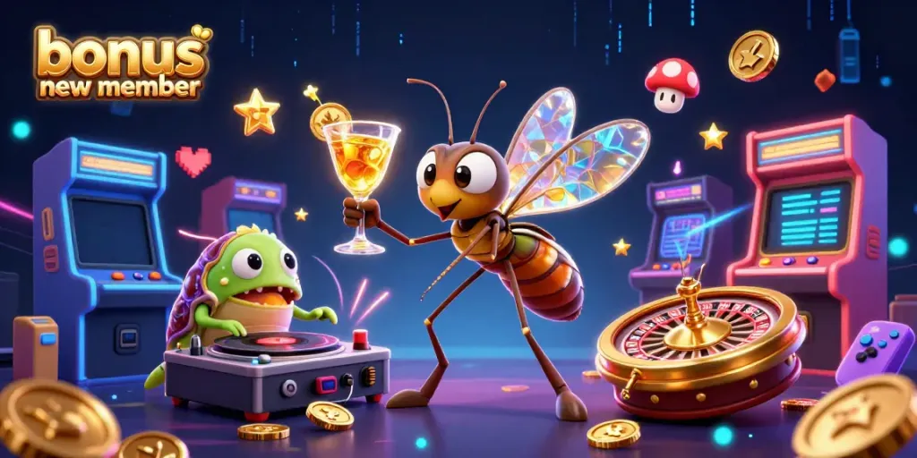 Win big with bonus new member offers at a vibrant casino scene featuring engaging characters and game elements.