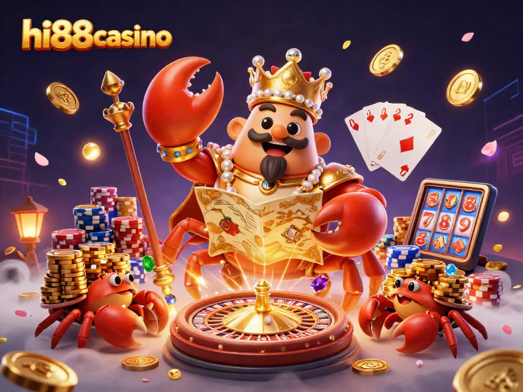 Spin to win at hi88casino with a vibrant scene of the golden crab emperor and treasure elements.