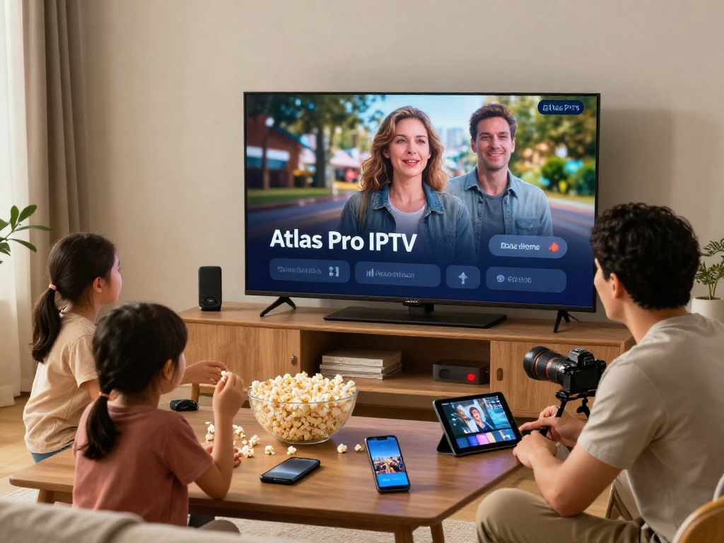 Une famille profitant du service Atlas Pro sur leur TV intelligente dans un salon confortable.
