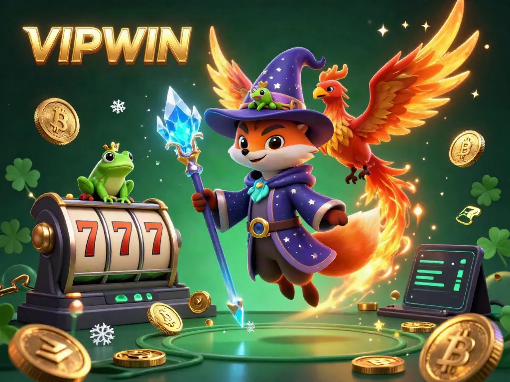 Experience the magic of VIPWIN with a mystical wizard fox and phoenix amidst vibrant jackpot symbols.