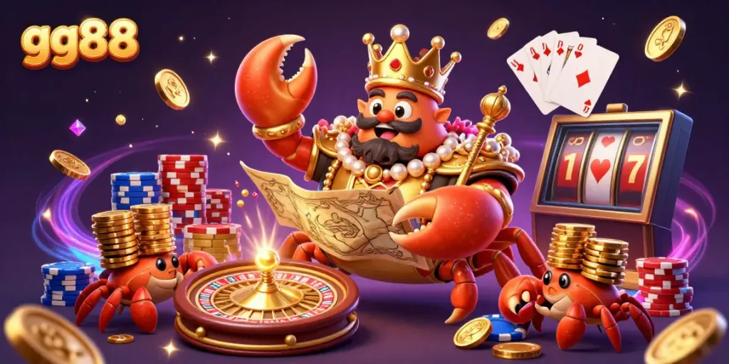 Experience the excitement of gg88 online gaming with a vibrant scene of golden treasures, a crab emperor, and dynamic casino elements.