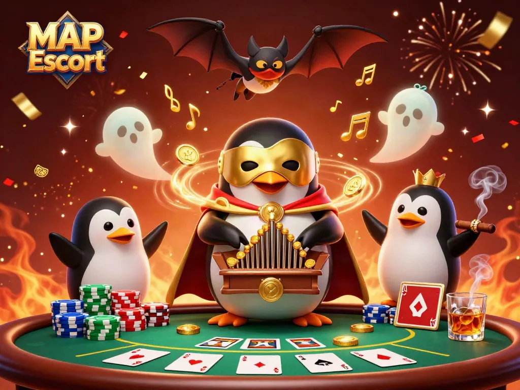 Experience the thrill of MAP Escort with a dynamic casino-themed 3D illustration full of lively characters and elements.