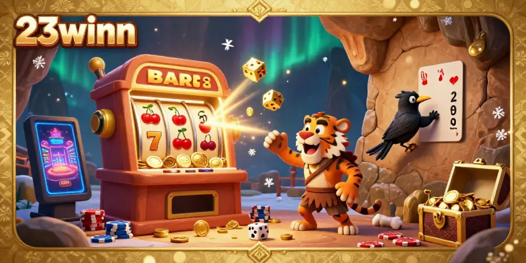 Experience the thrill of 23winn with a lively prehistoric casino scene featuring animated characters and dynamic gaming elements.