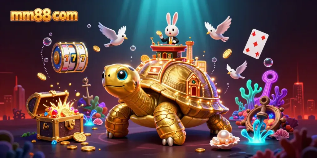Engage with thrilling games at mm88 com featuring a golden tortoise casino and vibrant scenes.