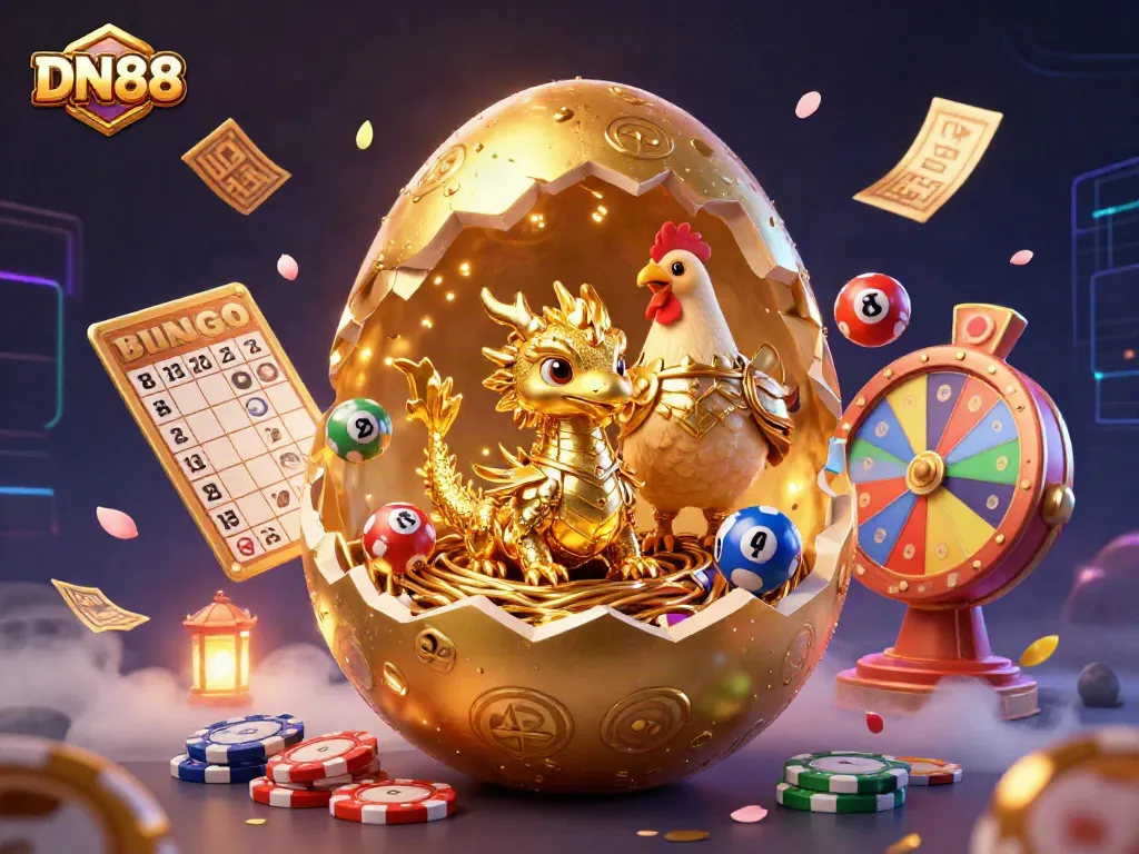 Engage with DN88 through an energetic illustration capturing the excitement of online gambling with a golden dragon and poker chips.