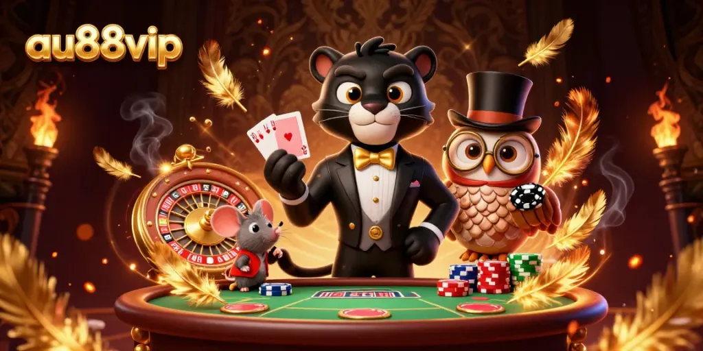 Experience the excitement of au88vip as a panther deals cards in a lavish casino setting.
