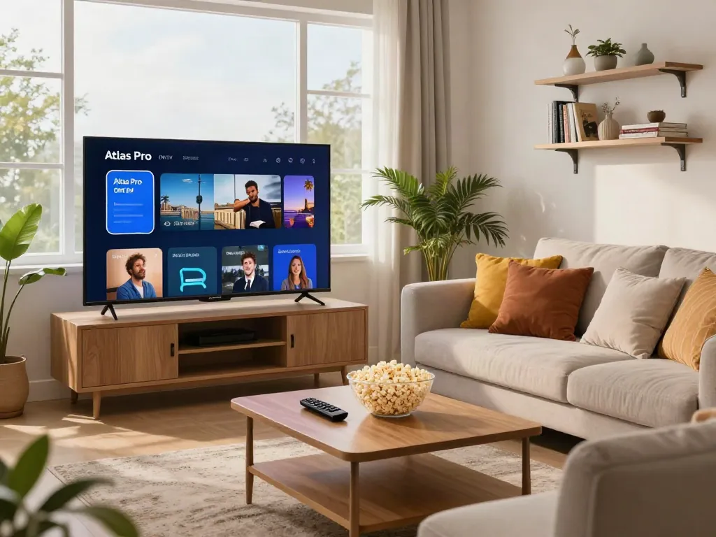 Configuration moderne de divertissement à domicile avec l'application Atlas Pro ONTV sur un téléviseur intelligent.