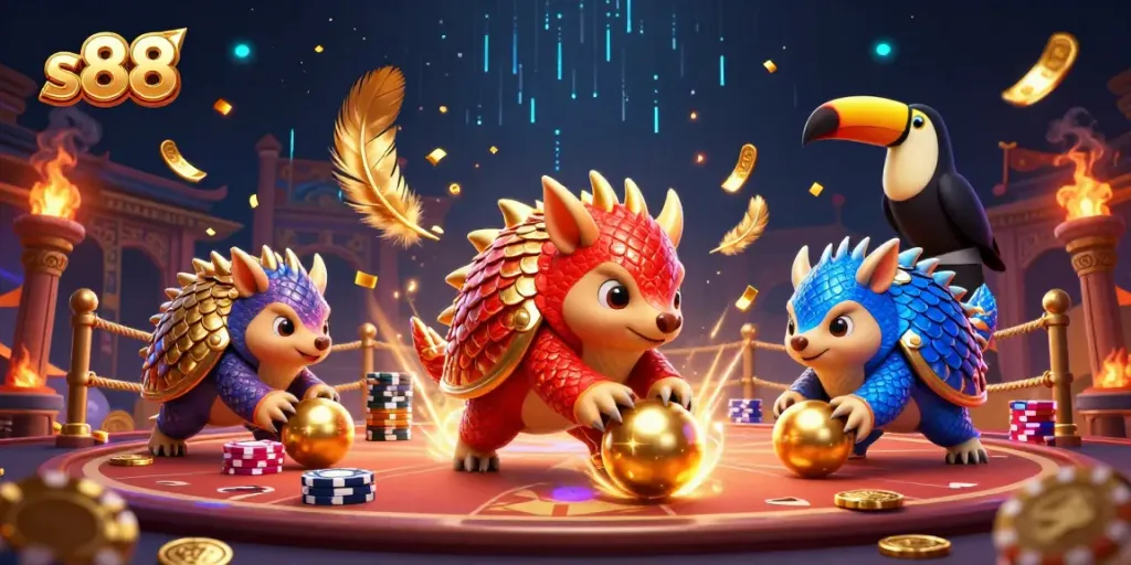 Engage in thrilling s88 gaming with cartoon pangolins battling in a vibrant casino arena.