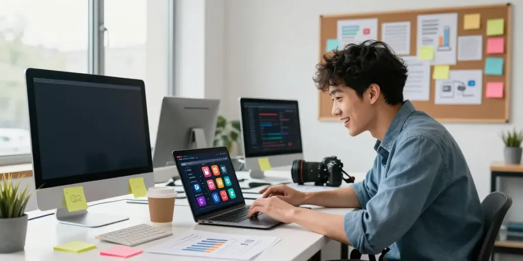 Buy likes and enhance your social media engagement effectively in a creative workspace.