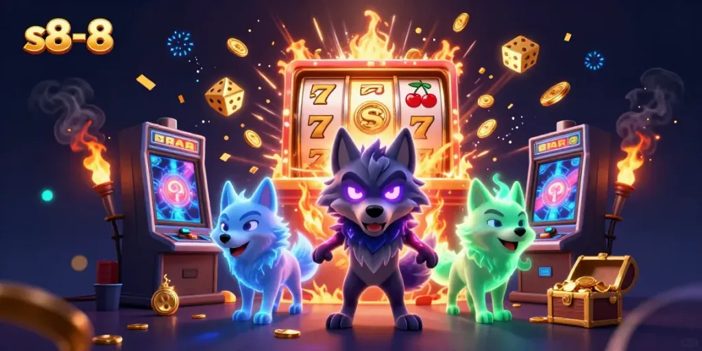 Win big with s8-8 at the festive casino scene featuring animated wolves and slot machines.