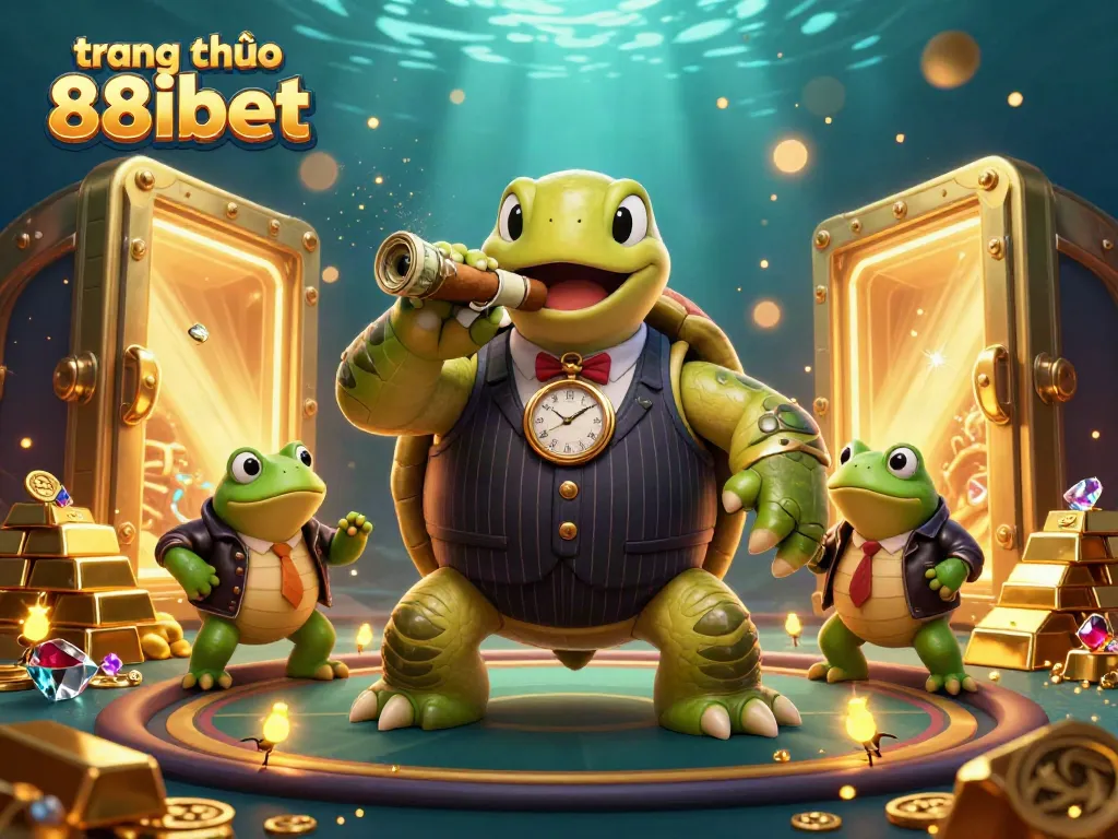 Spin the reels at trang chủ 88ibet with a vibrant casino scene featuring a snapping turtle and bullfrog enforcers.