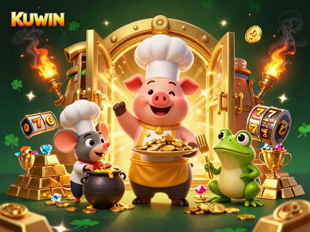 Bet on KUWIN with excitement as a chef pig serves gold coins amidst vibrant casino elements.