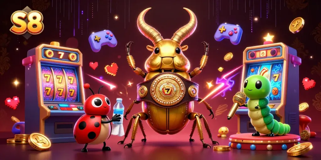 S8-themed vibrant digital illustration featuring a golden stag beetle brawling with casino slot elements.