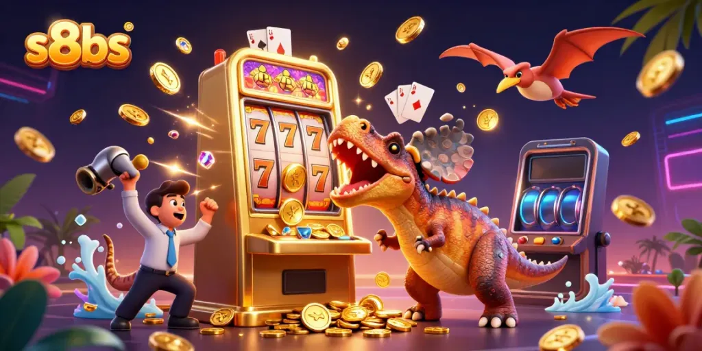 Experience the thrill of s8bs with cartoon dinosaurs celebrating a jackpot win in a colorful casino.