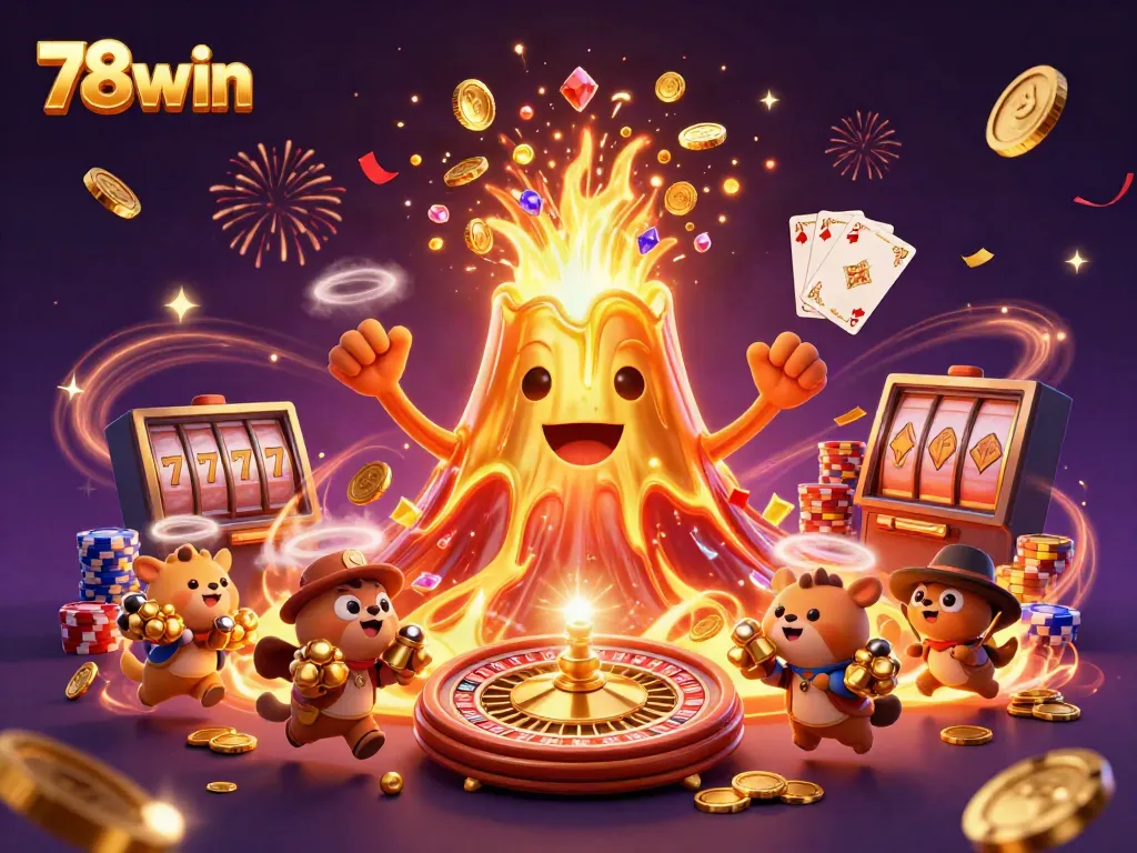 Experience the excitement of 78win with treasures erupting from the golden volcano alongside dynamic casino elements.