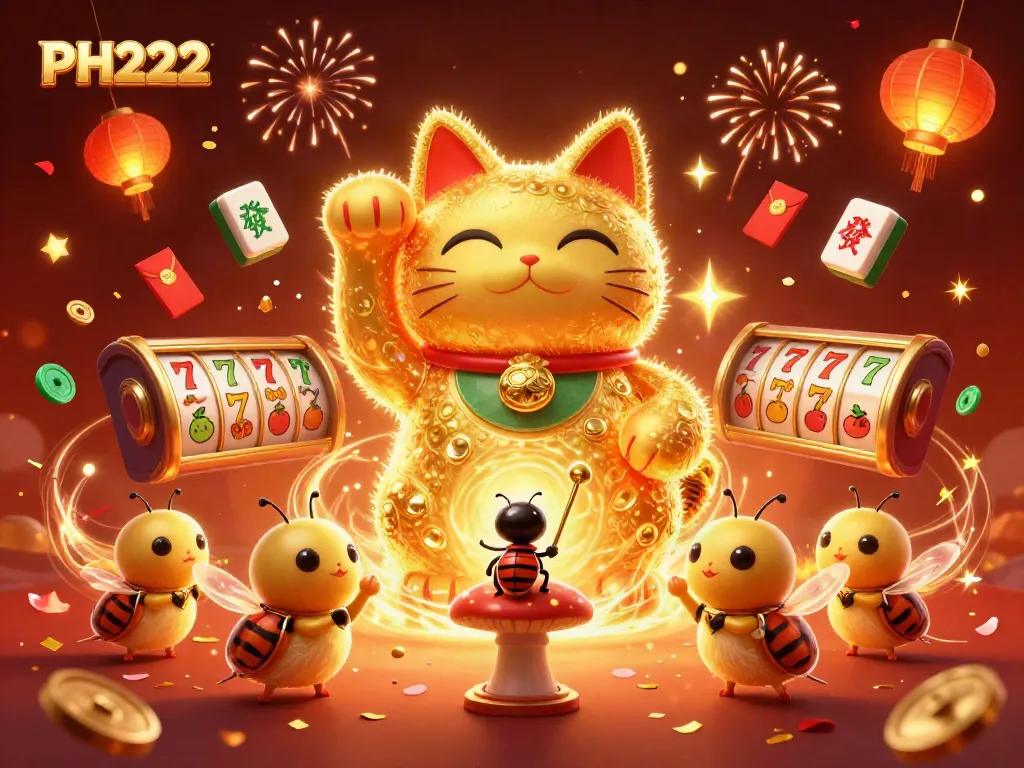 Experience PH222's vibrant online casino atmosphere with a wave of slot symbols and lucky cat charm.
