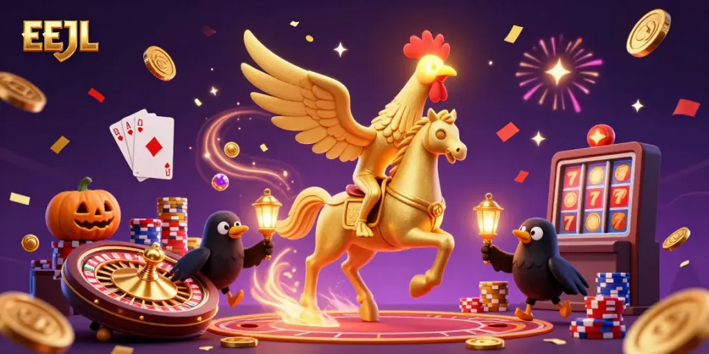 Experience exciting EEJL casino adventures with a golden rooster in a vibrant midnight setting.