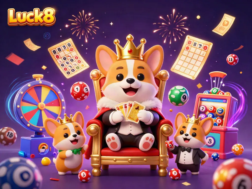 Luck8's vibrant casino display brings rich gaming elements to life with royal corgis and dynamic lottery games.