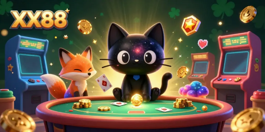 Win big at XX88 with a cosmic casino scene featuring a black hole cat and nebula fox!