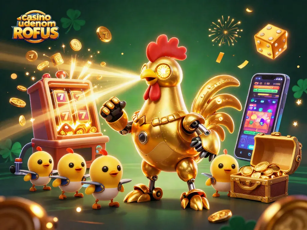 Engage with casino uden om ROFUS through this vibrant 3D artwork featuring golden rooster robot and jackpot slot machine.